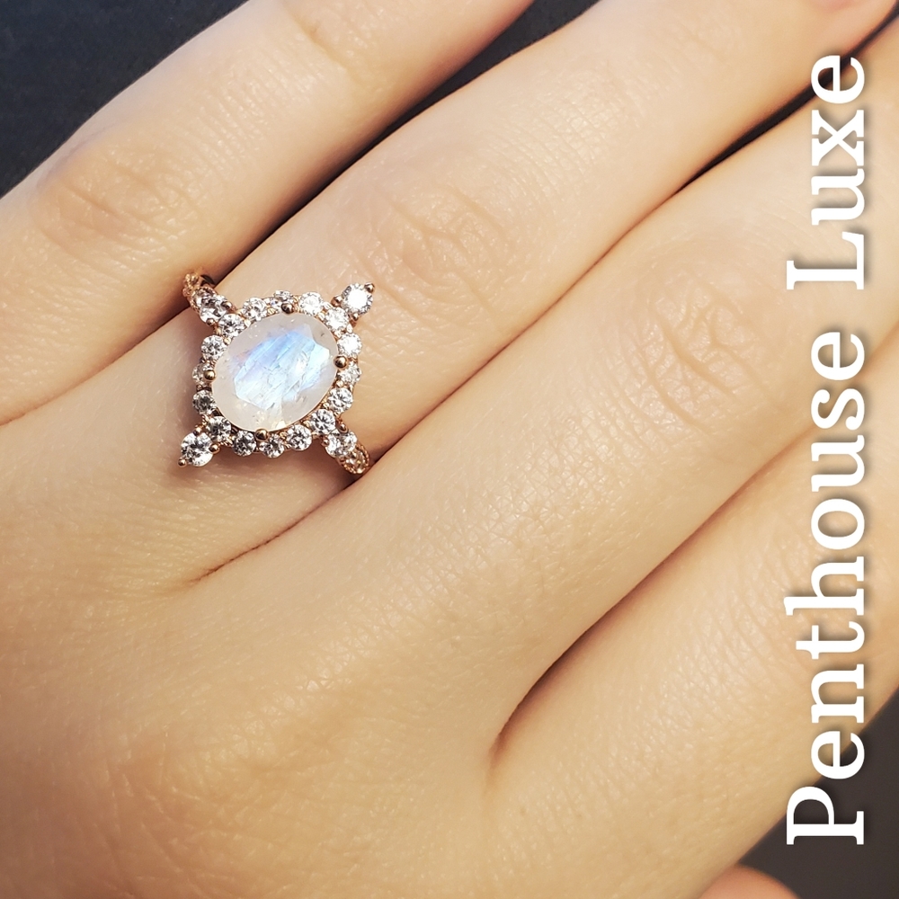 REAL Moonstone Radiant Oval Cut Halo Ring